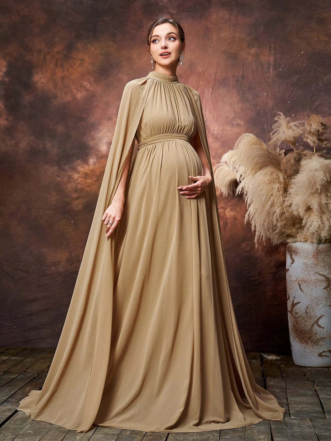 Maternity Mock Neck Cape Sleeves Chiffon Evening Dress