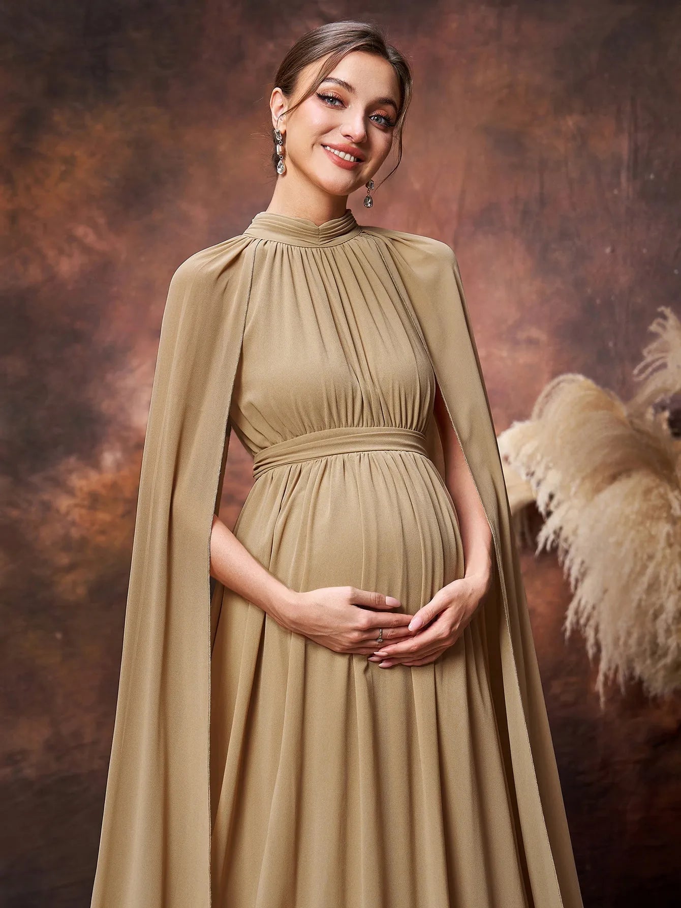 Maternity Mock Neck Cape Sleeves Chiffon Evening Dress