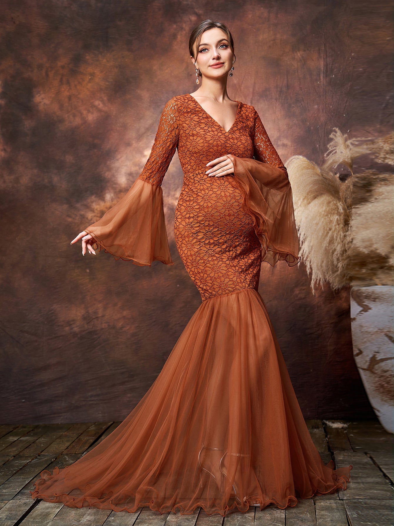 Maternity V Neck Flared Sleeves Mesh Contrast Lace Evening Dress