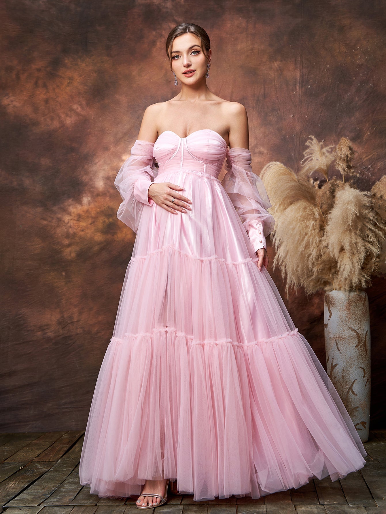 Maternity Off Shoulder Bishop Sleeves Split Tulle Evening Dress