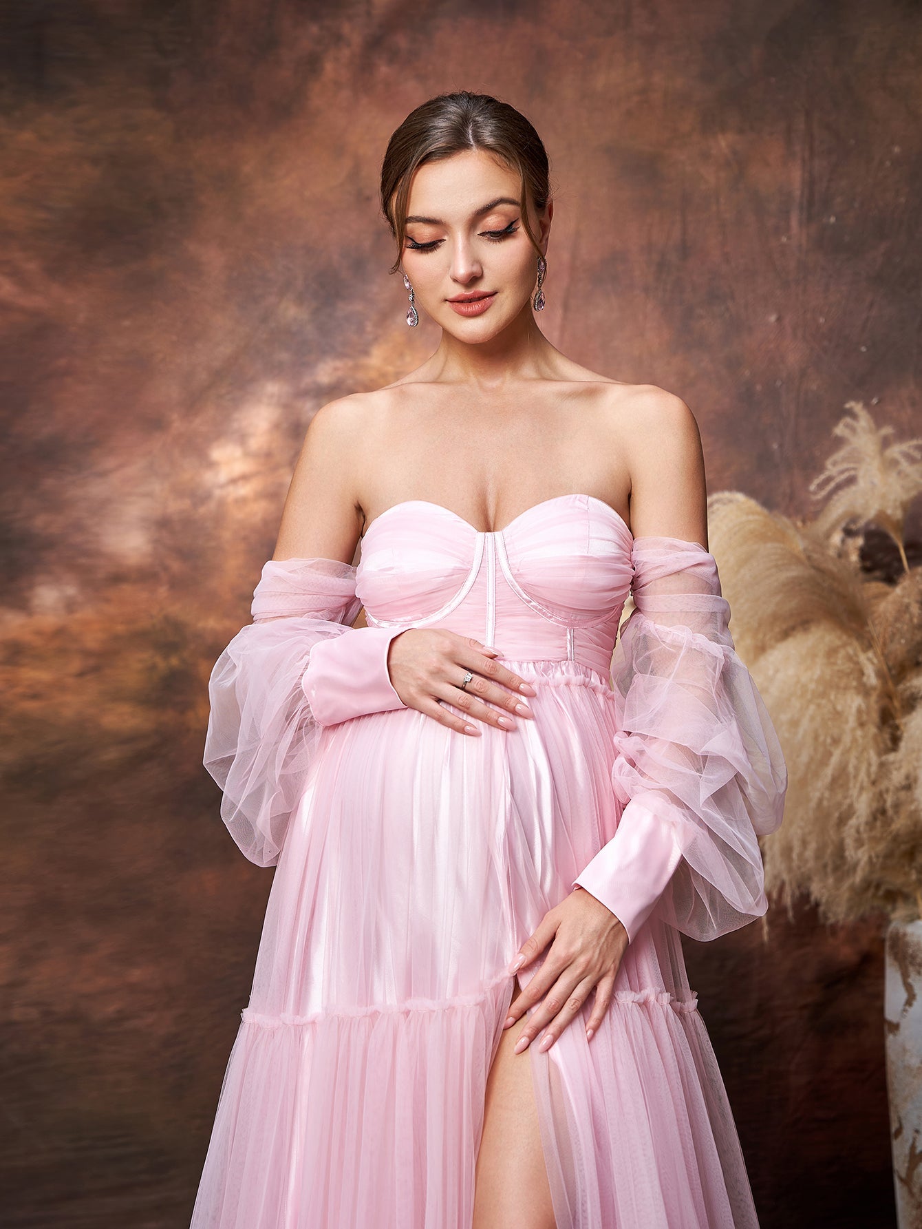 Maternity Off Shoulder Bishop Sleeves Split Tulle Evening Dress