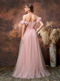 Maternity Off Shoulder Ruched Bust Split Tulle Evening Dress