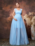 Maternity Plunging Neck Sleeveless Tulle Overlay Party Dress