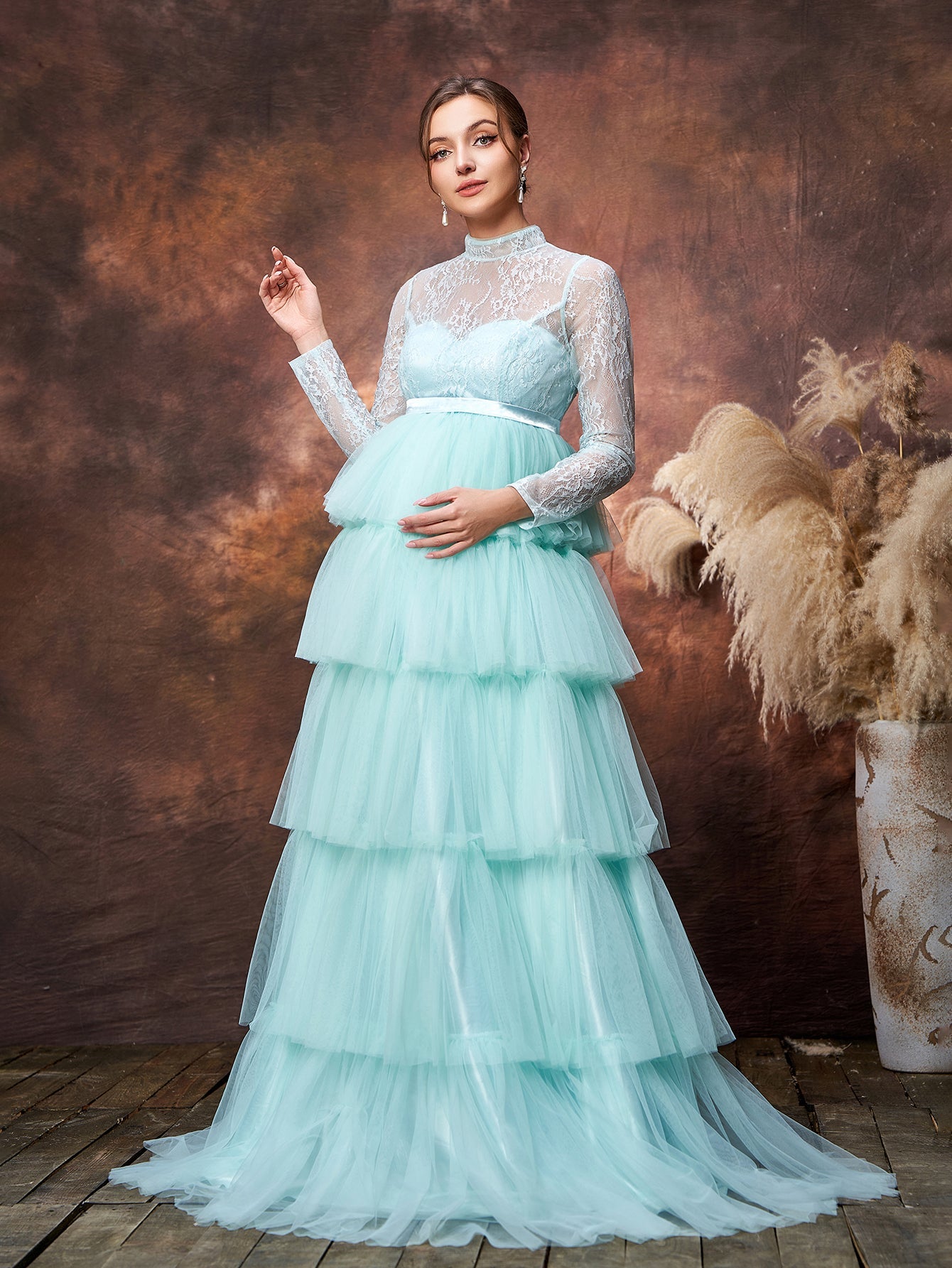 Maternity Mock Neck Lace Bodice Layered Tulle  Hem Prom Dress