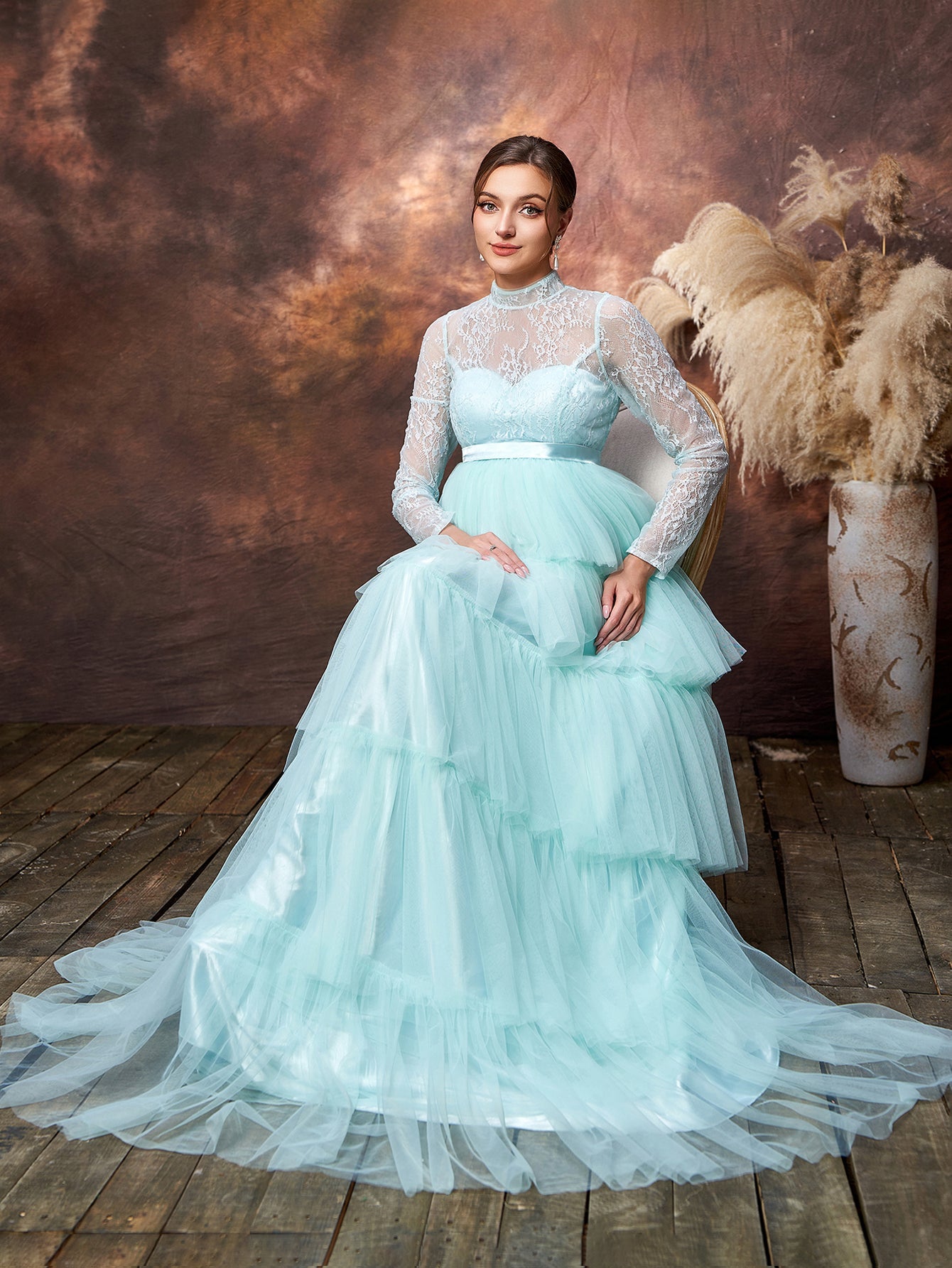 Maternity Mock Neck Lace Bodice Layered Tulle  Hem Prom Dress