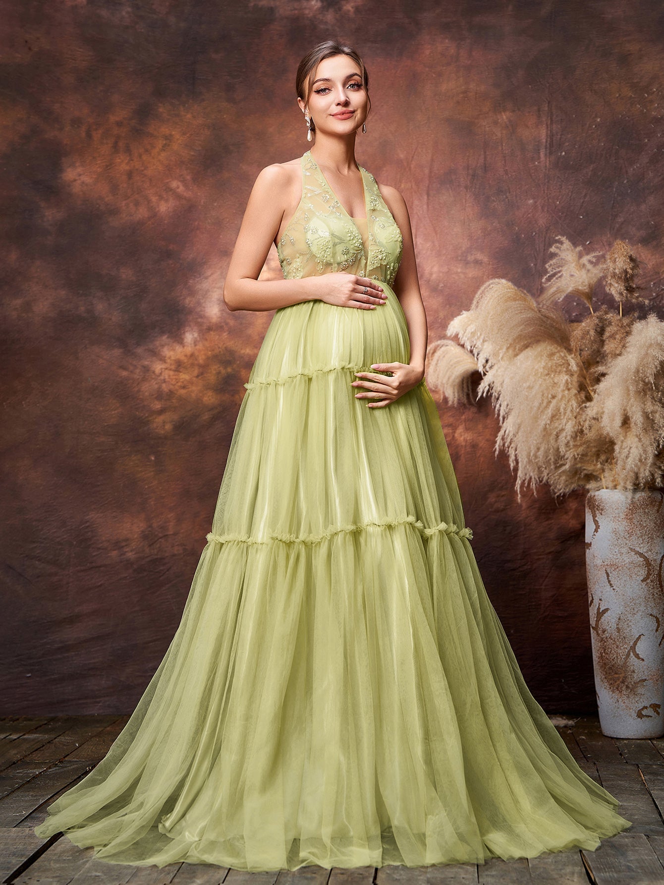 Maternity Halter Neck Beaded Bodice Contrast  Layered Tulle Hem Evening Dress