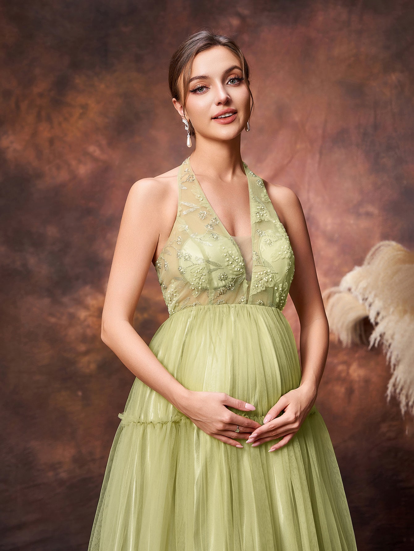 Maternity Halter Neck Beaded Bodice Contrast  Layered Tulle Hem Evening Dress