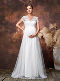 Maternity V Neck Short Sleeves Lace Bodice Contrast Tulle Formal Dress