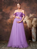 Maternity Off Shoulder Sequin Bodice Contrast Tulle Evening Dress