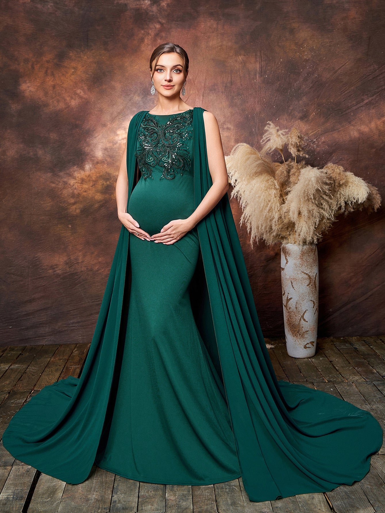 Maternity Applique Detail Mermaid Hem Formal Evening Dress With Chiffon Train