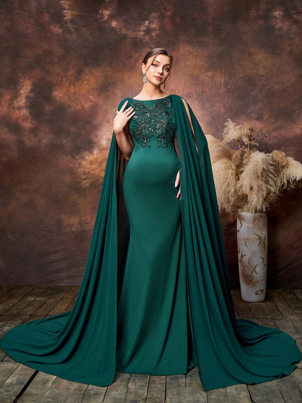 Maternity Applique Detail Mermaid Hem Formal Evening Dress With Chiffon Train