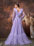 Maternity V Neck Sheer Sleeves Ruffle Trim Tulle Prom Dress