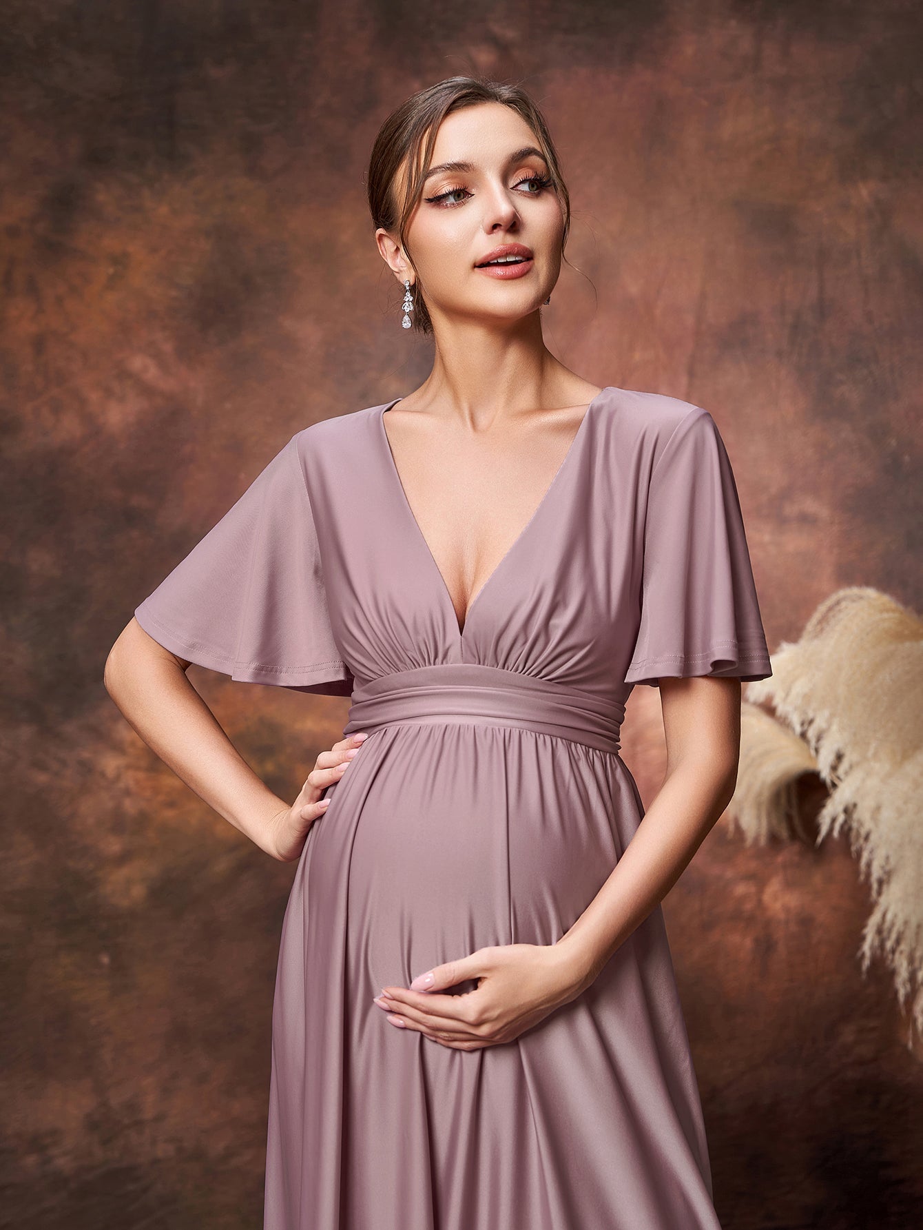 Maternity Solid Plunging Neck Butterfly Sleeves Formal Party Dress