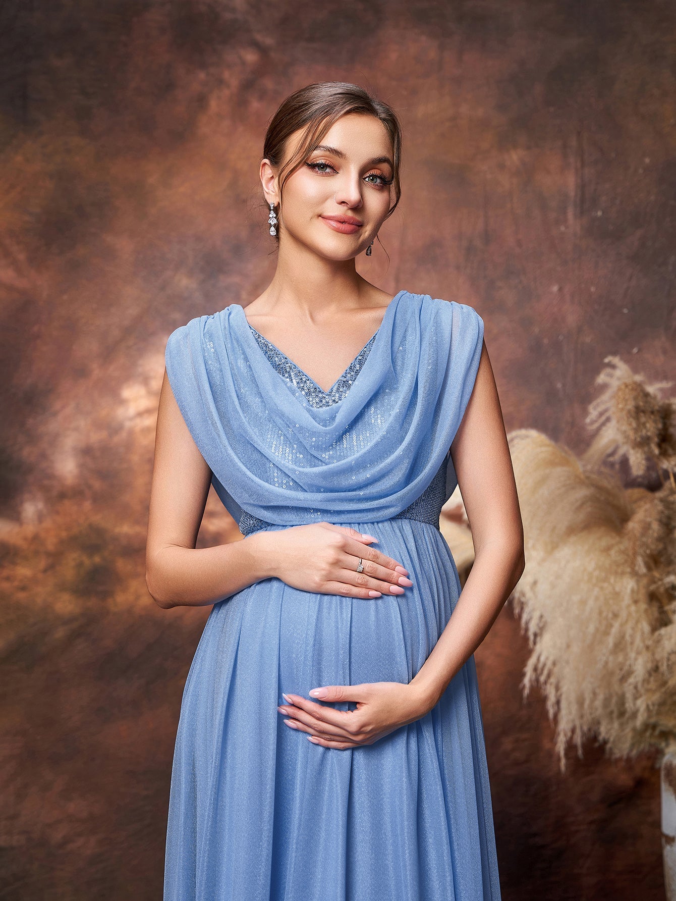 Maternity Draped Neckline Contrast Sequin Formal Party Dress