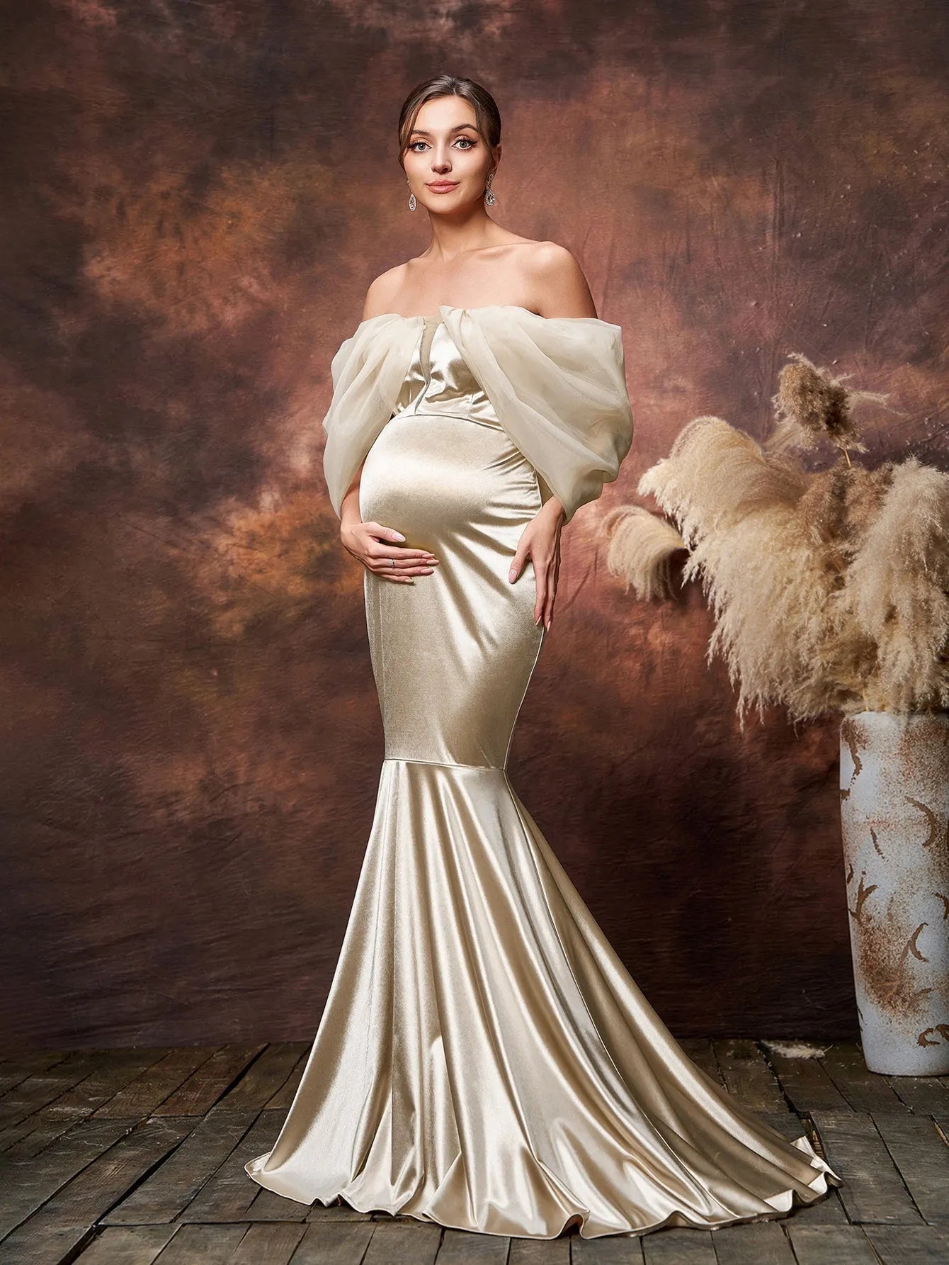 Maternity Off Shoulder Cap Sleeves Mermaid Hem Satin Evening Dress