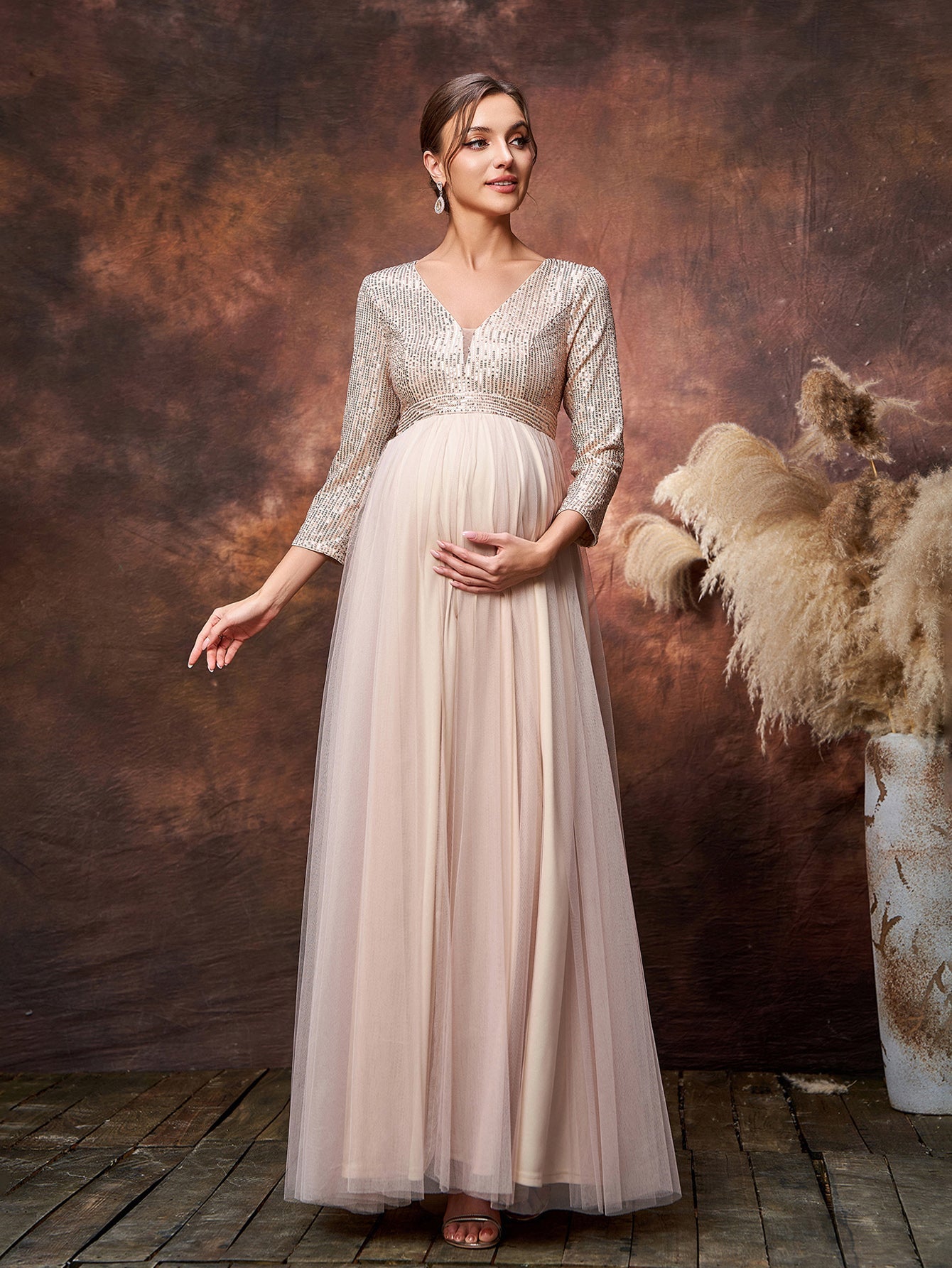 Maternity Plunging Neck 3/4 Sleeves Sequin Formal Party Dress