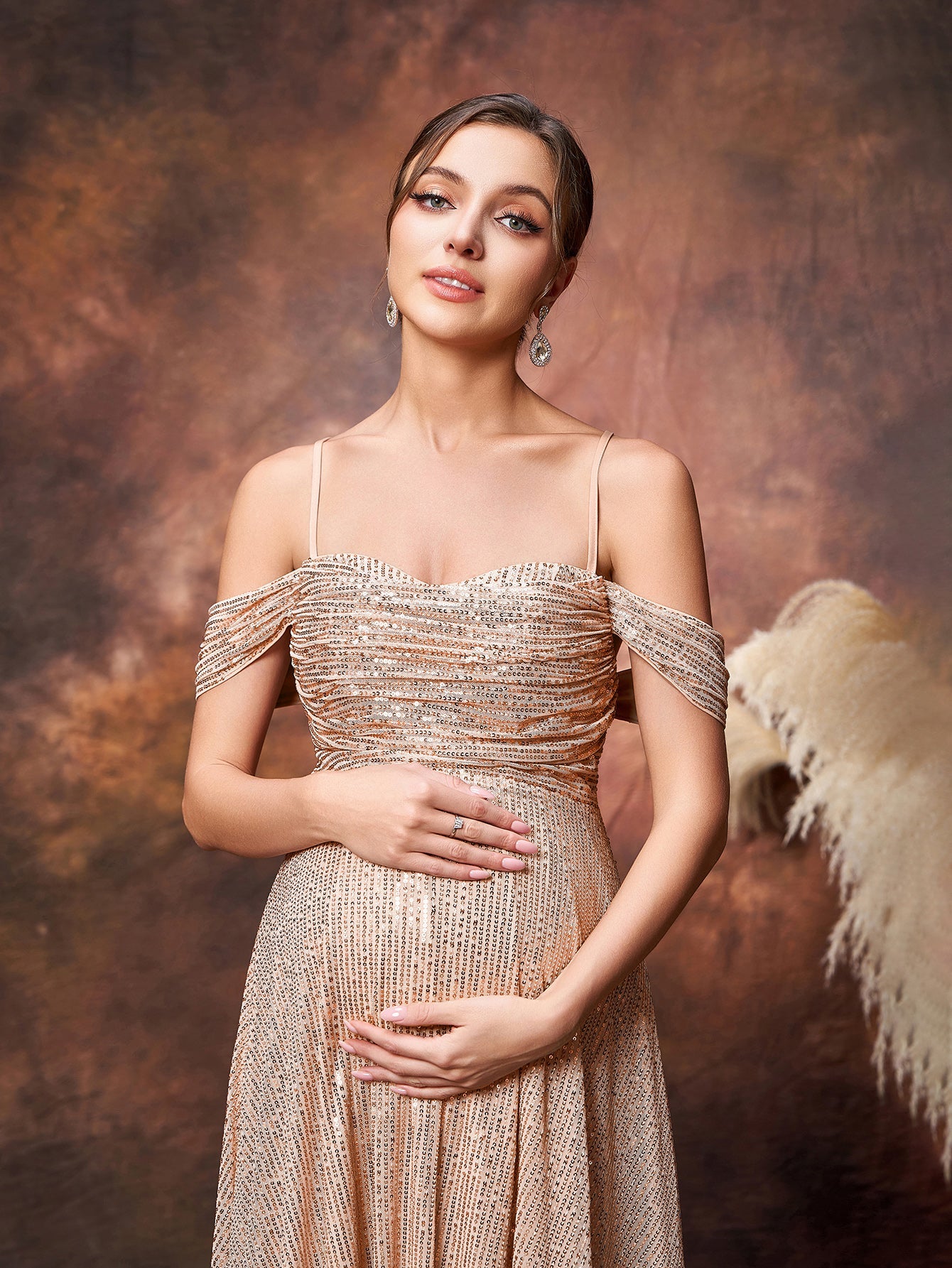 Maternity Cold Shoulder A Line Sequin Formal Dress