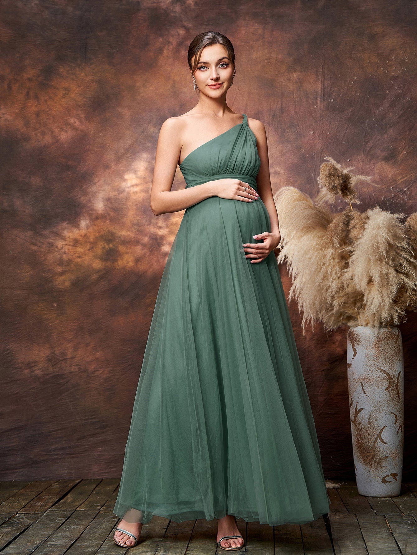 Maternity Solid One Shoulder Sleeveless Mesh Party Dress