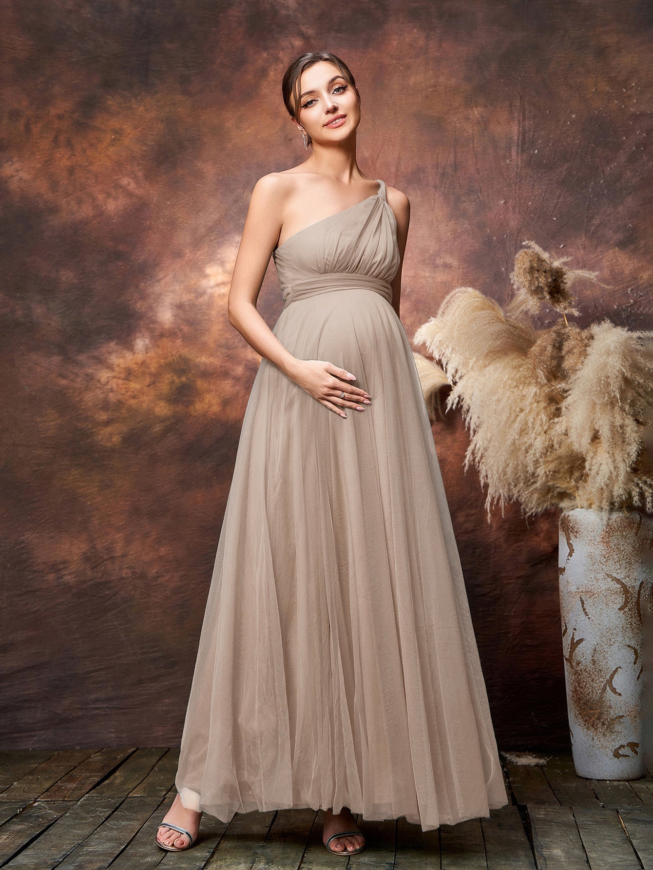 Maternity Solid One Shoulder Sleeveless Mesh Party Dress