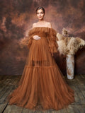 Maternity Ruffle Trim Off Shoulder Mesh Overlay Photography Dress