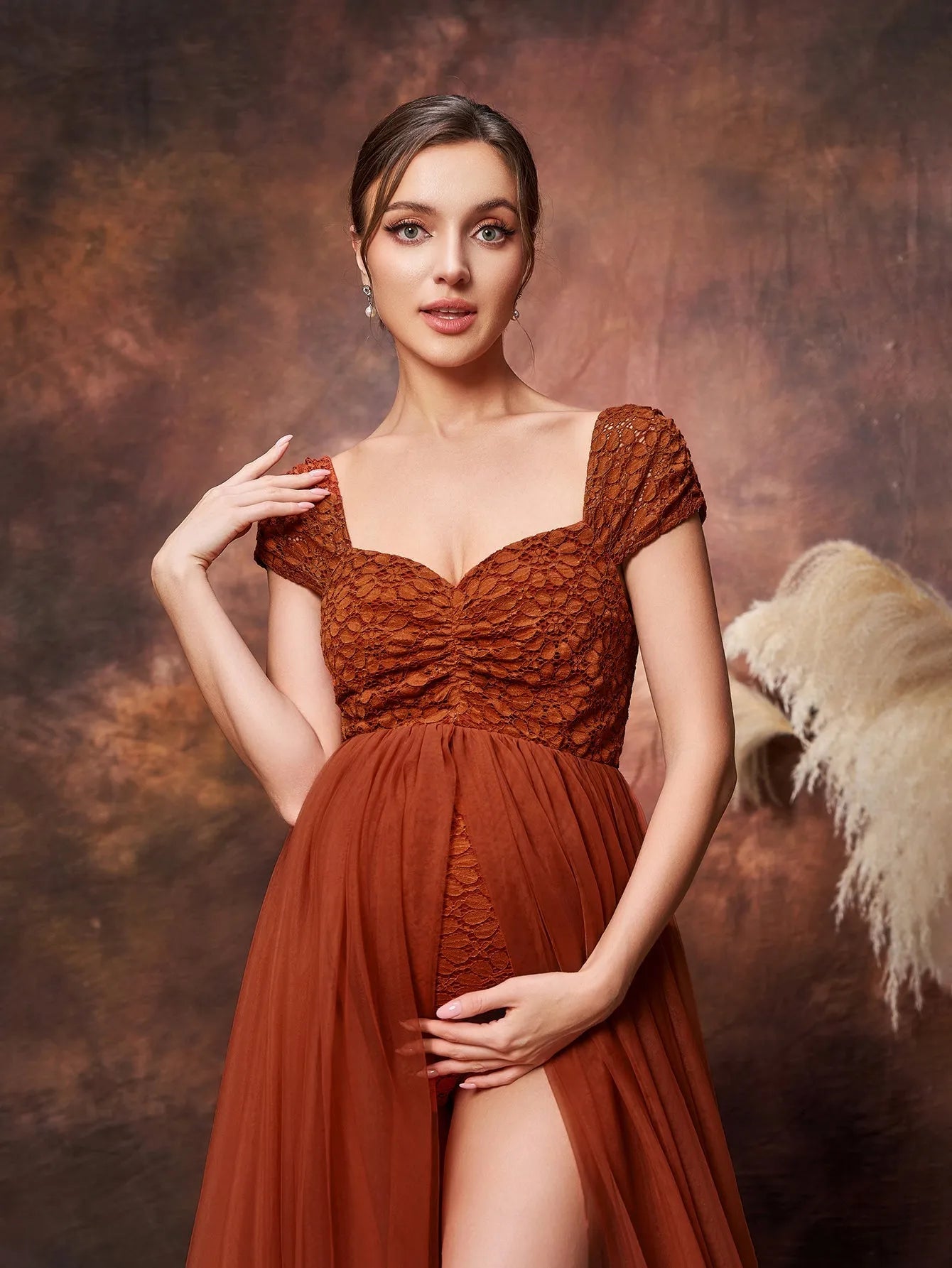 Maternity Sweetheart Neck Cap Sleeves Mesh Overlay Lace Romper Photography Dress