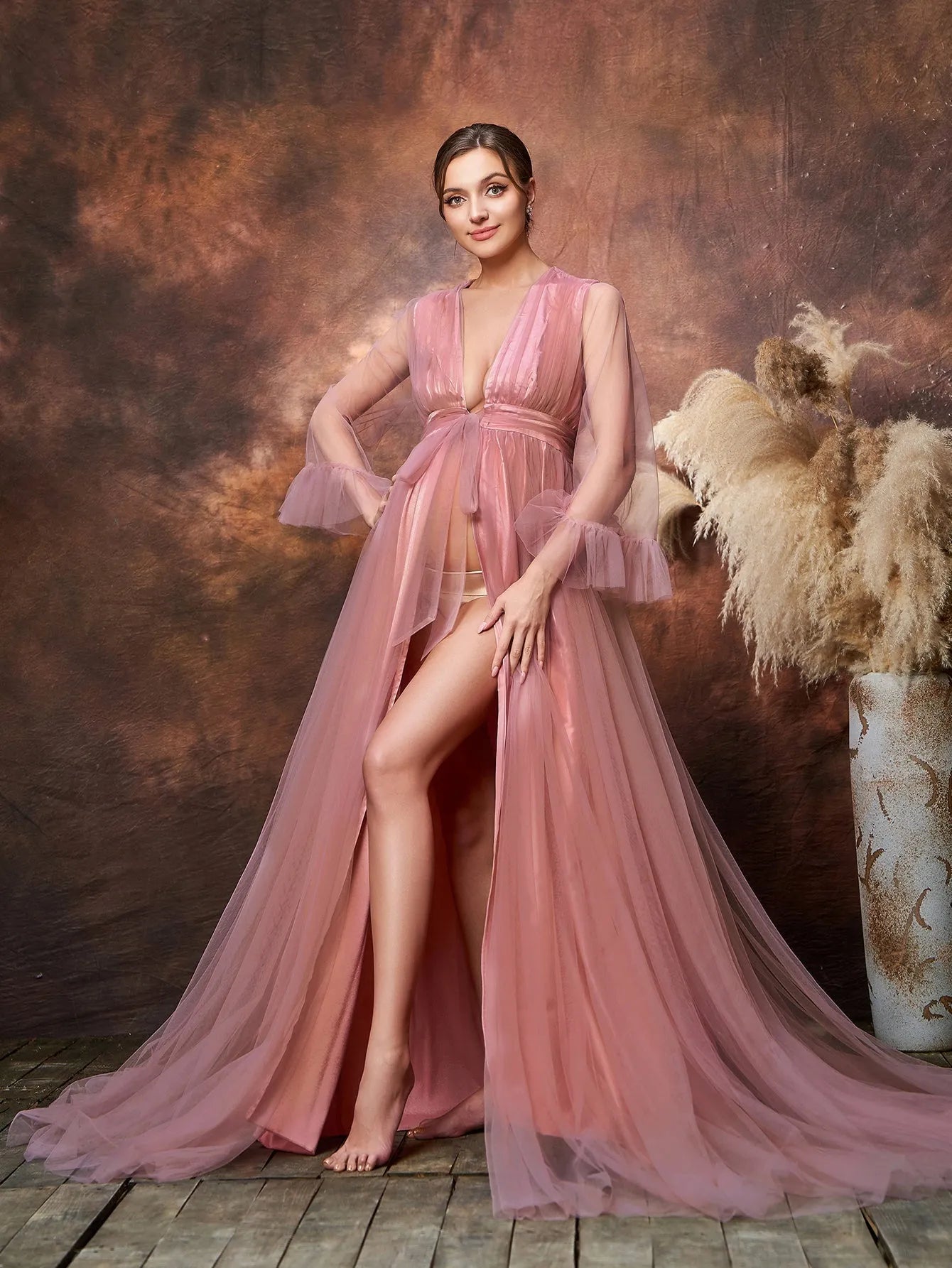 Maternity Plunging Neck Sheer Sleeves Mesh Photography Dress