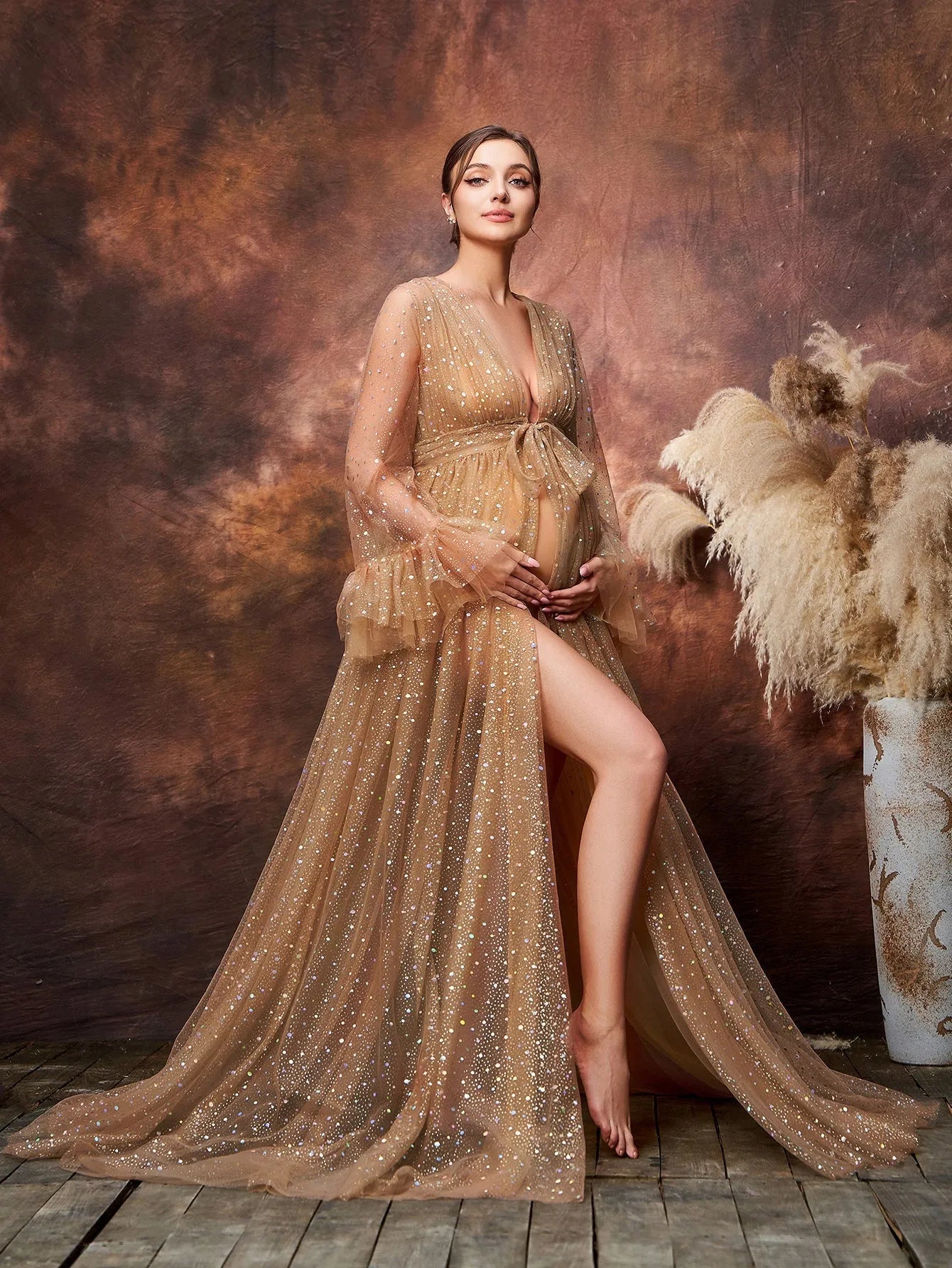 Maternity Deep V Neck Sheer Sleeves Sequined Mesh Photography Dress