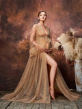 Maternity Deep V Neck Sheer Sleeves Sequined Mesh Photography Dress