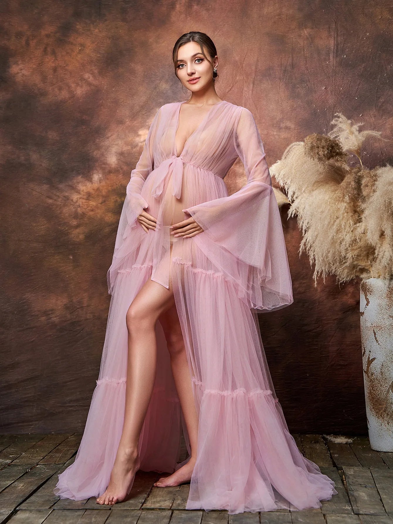 Maternity Plunging Neck Sheer Sleeves Layered Mesh Photography Dress