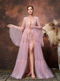 Maternity Plunging Neck Sheer Sleeves Layered Mesh Photography Dress