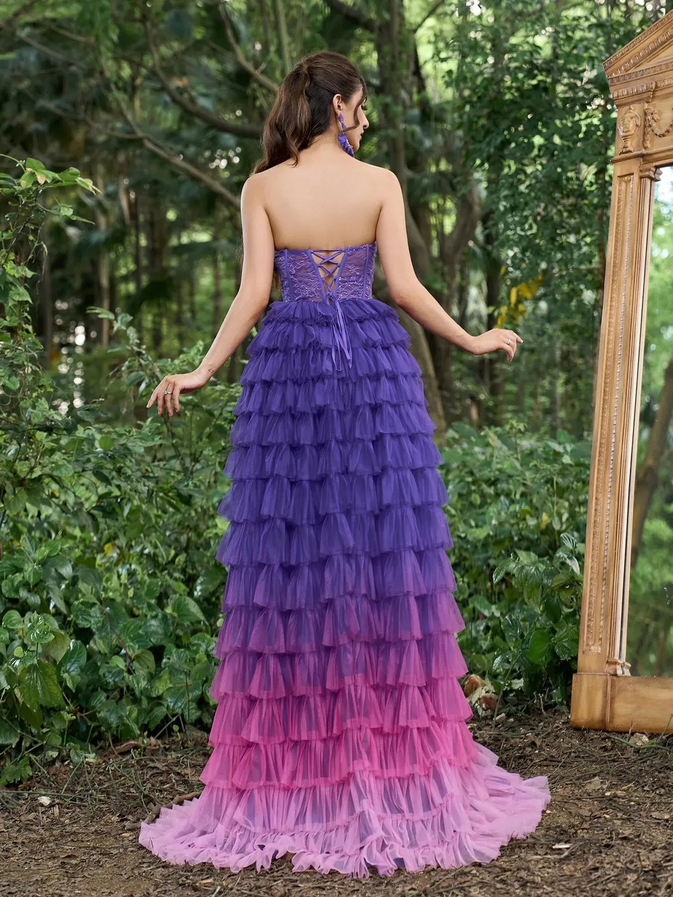 Gorgeous Lace Bodice Ombre Cascading Ruffle Hem Prom Tube Dress