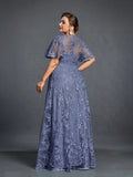 Plus Womens‘ Floral Embroidered Butterfly Sleeves A Line Formal Evening Dress