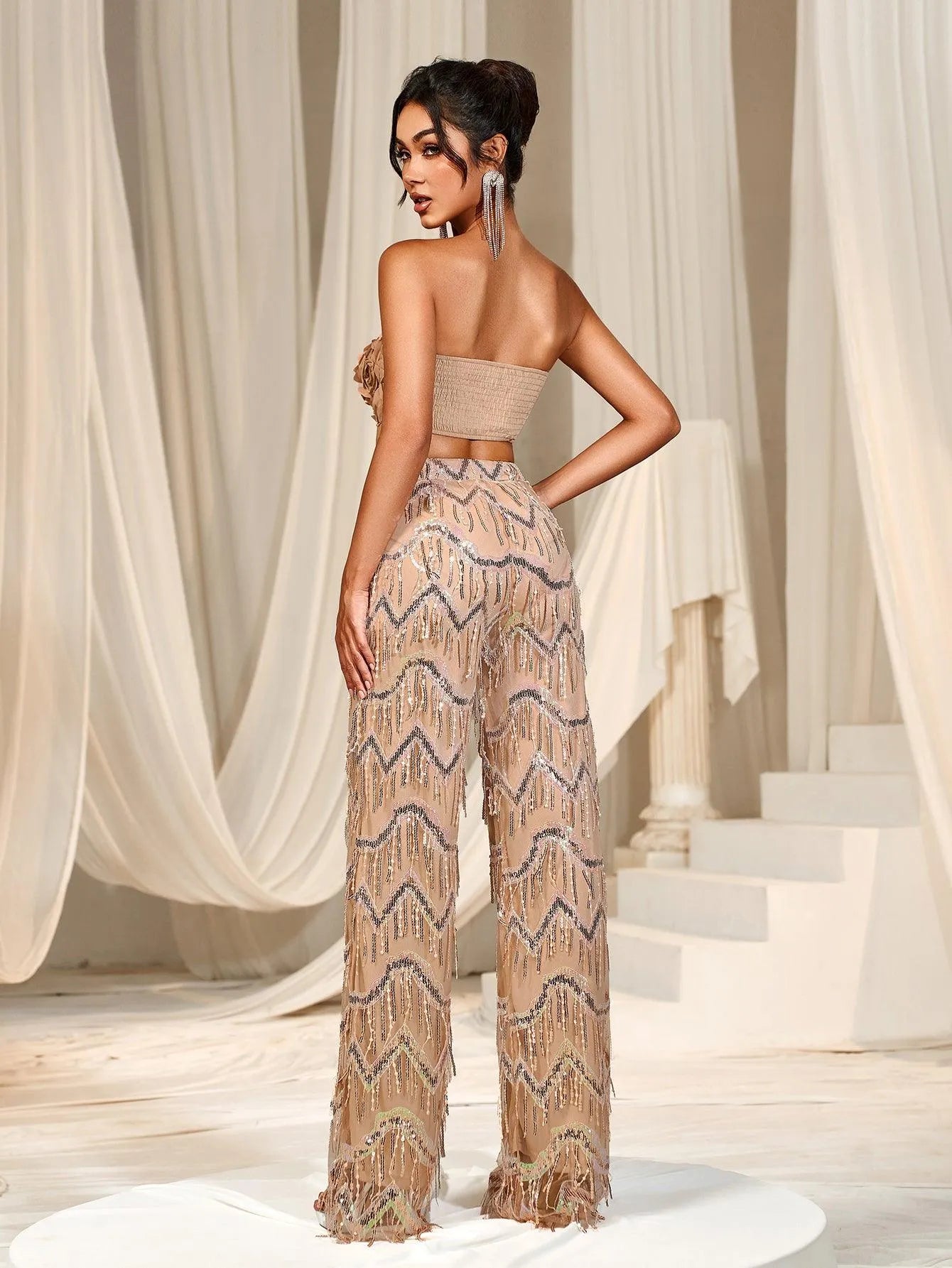 3D Flower Tube Top & Sequin Fringed Pants - Elonnashop