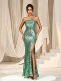 One Shoulder Spaghetti Strap Sleeveless Sequin Slit Dresses - Elonnashop