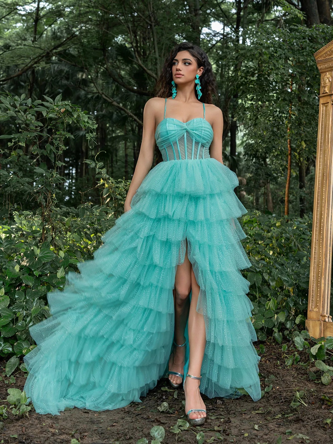 Gorgeous Corset Bodice Layered Hem Shiny Tulle Cami Prom Dress