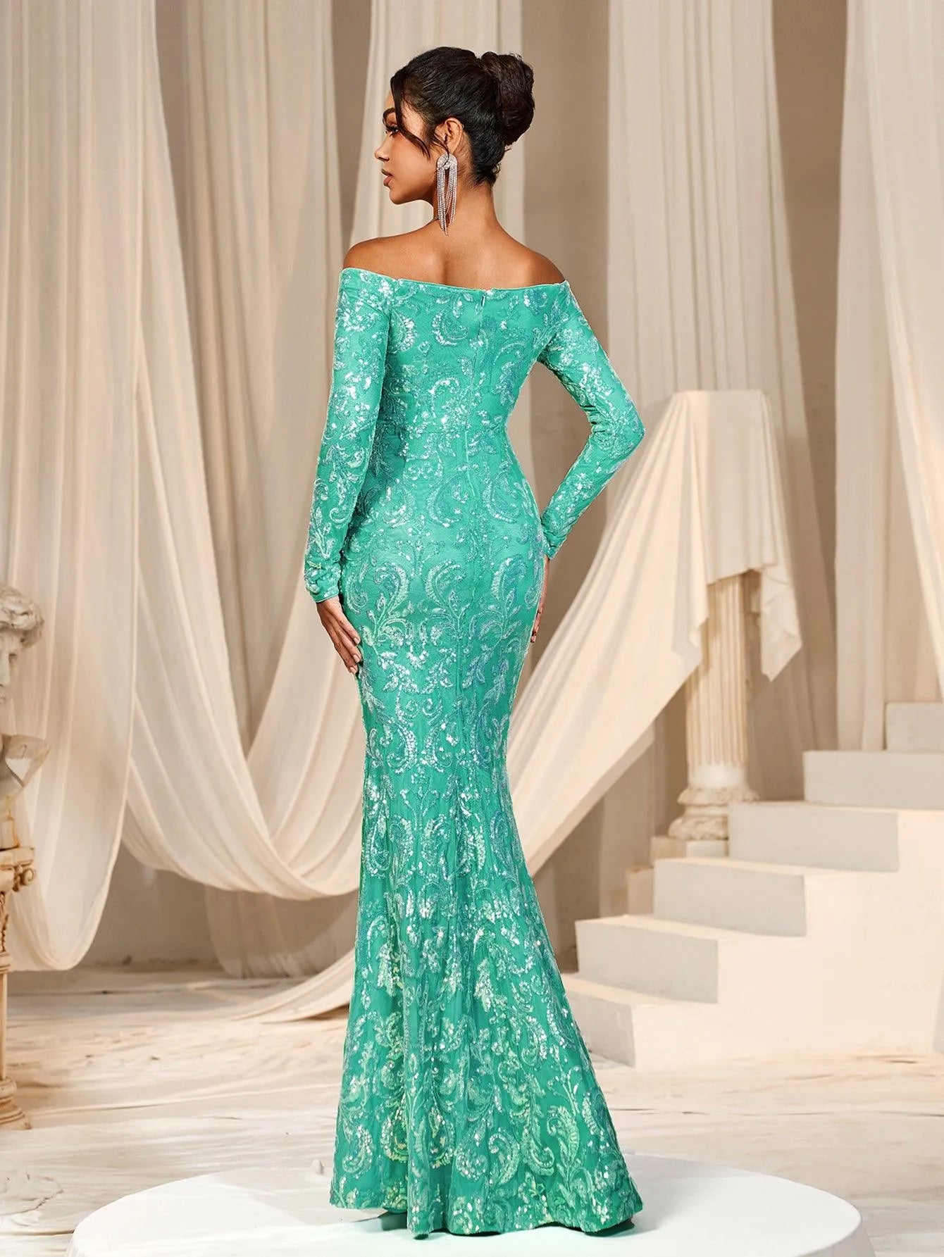 Off Shoulder Long Sleeve Mermaid Prom Dresses - Elonnashop