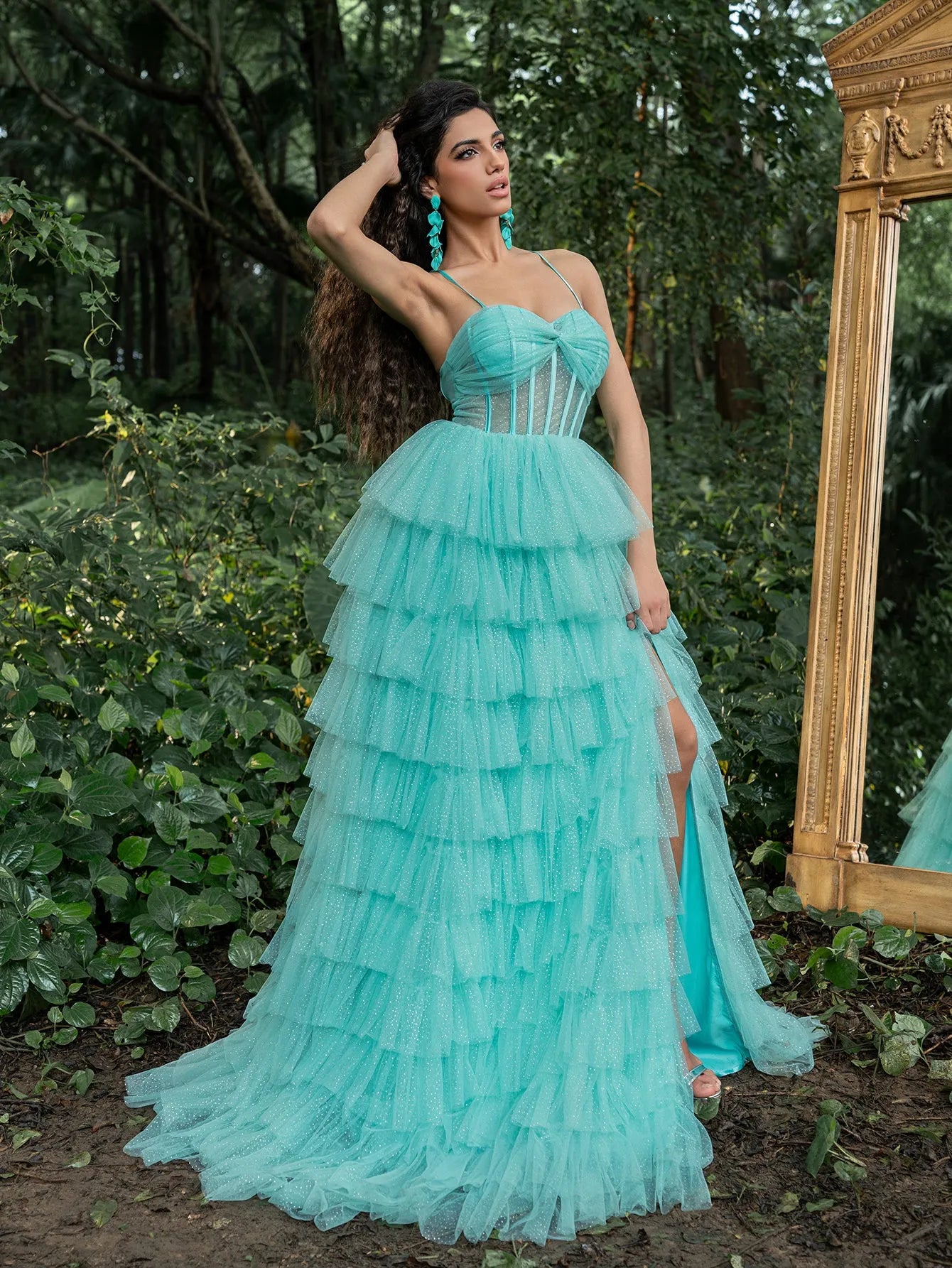 Gorgeous Corset Bodice Layered Hem Shiny Tulle Cami Prom Dress