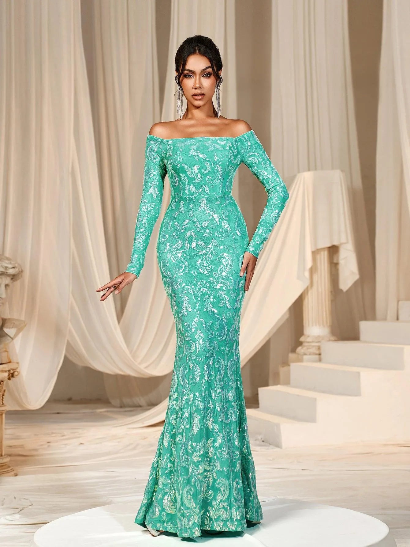 Off Shoulder Long Sleeve Mermaid Prom Dresses - Elonnashop