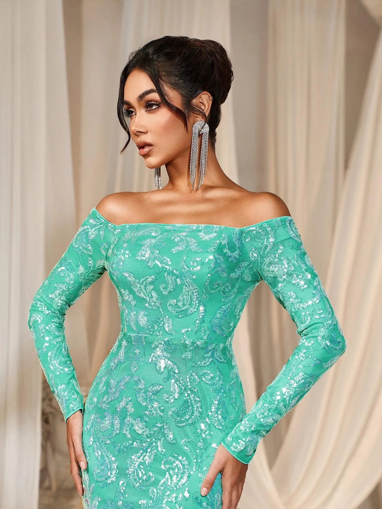 Off Shoulder Long Sleeve Mermaid Prom Dresses - Elonnashop