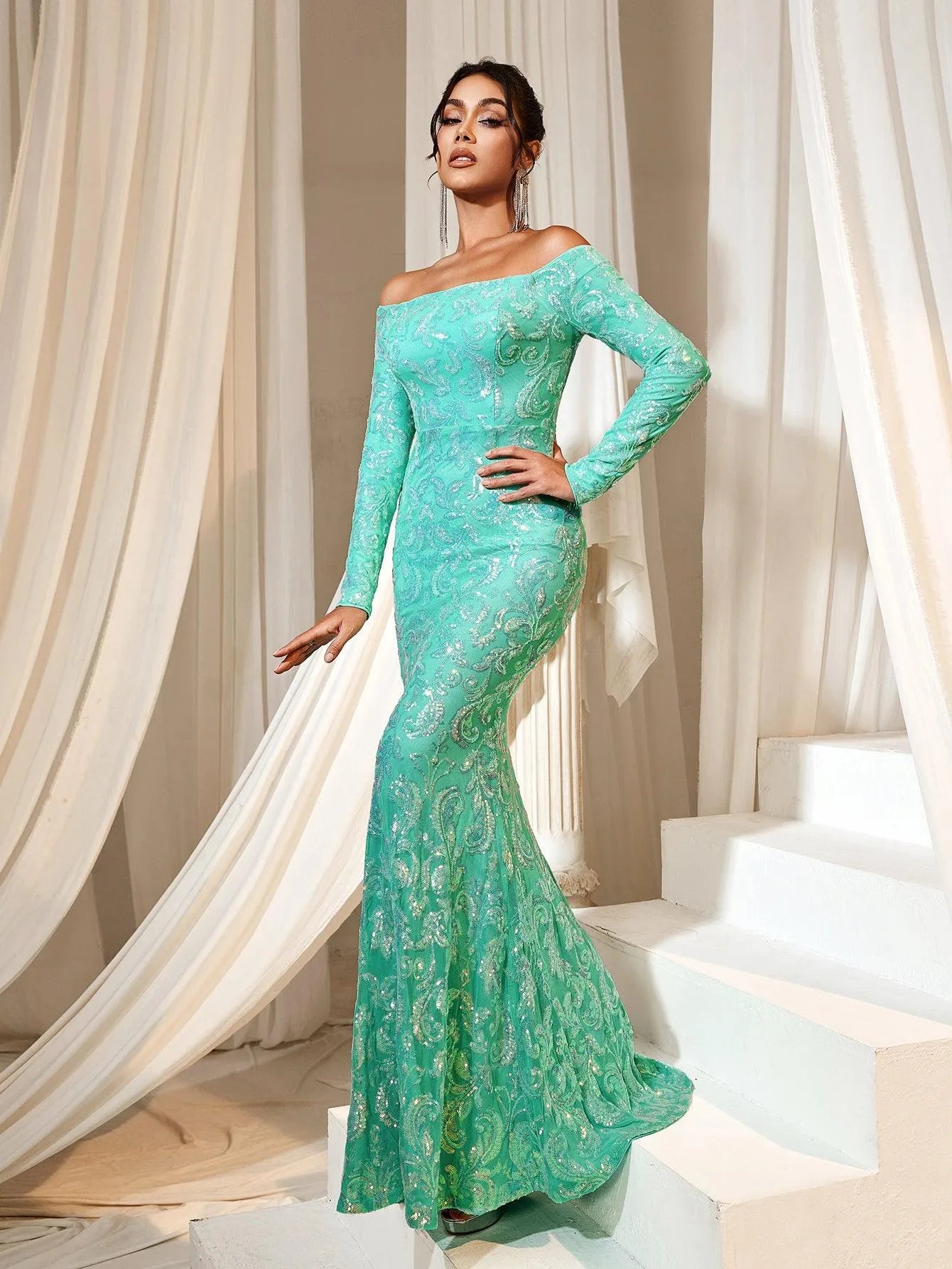 Off Shoulder Long Sleeve Mermaid Prom Dresses - Elonnashop