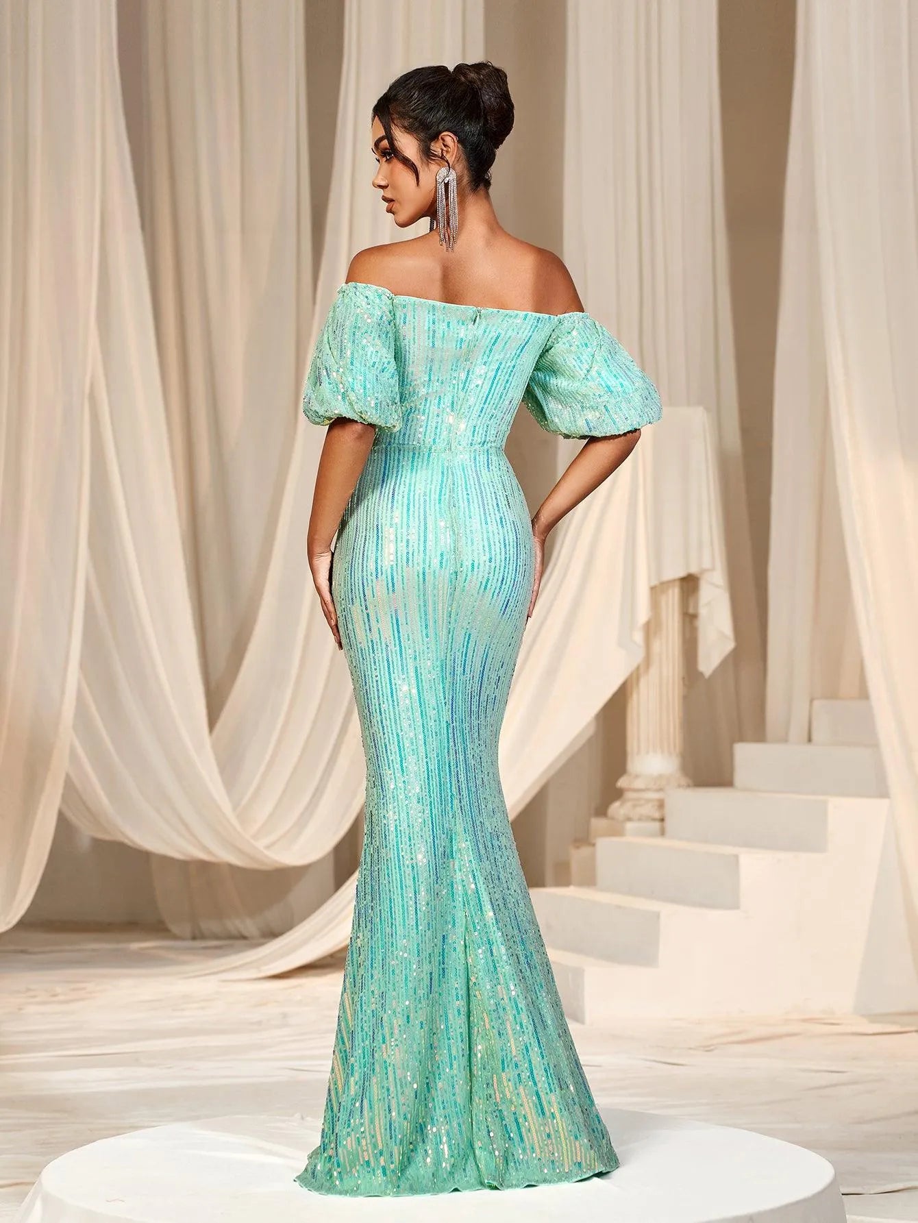 Elegant Off Shoulder Puff Sleeve Mermaid Prom Dresses - Elonnashop