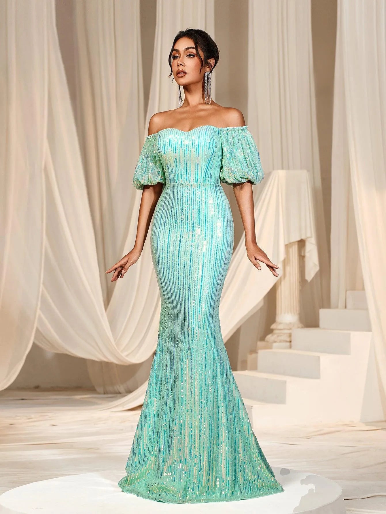 Elegant Off Shoulder Puff Sleeve Mermaid Prom Dresses - Elonnashop