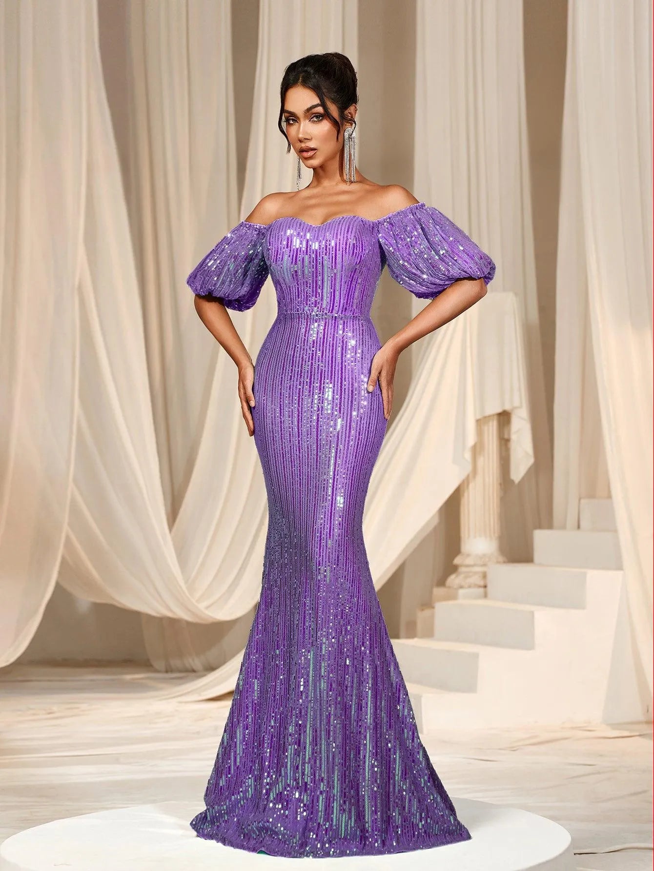 Elegant Off Shoulder Puff Sleeve Mermaid Prom Dresses - Elonnashop