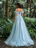 Elegant Floral Applique Trim Off Shoulder Split Thigh Tulle Prom Dress