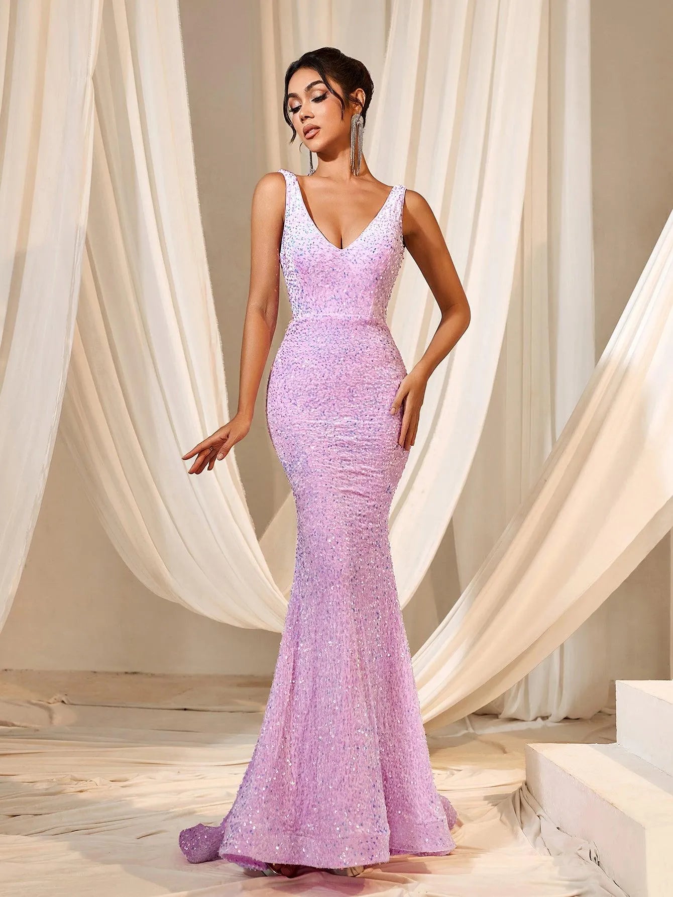 Plunging Neck Sleeveless Sequin Mermaid Dresses - Elonnashop