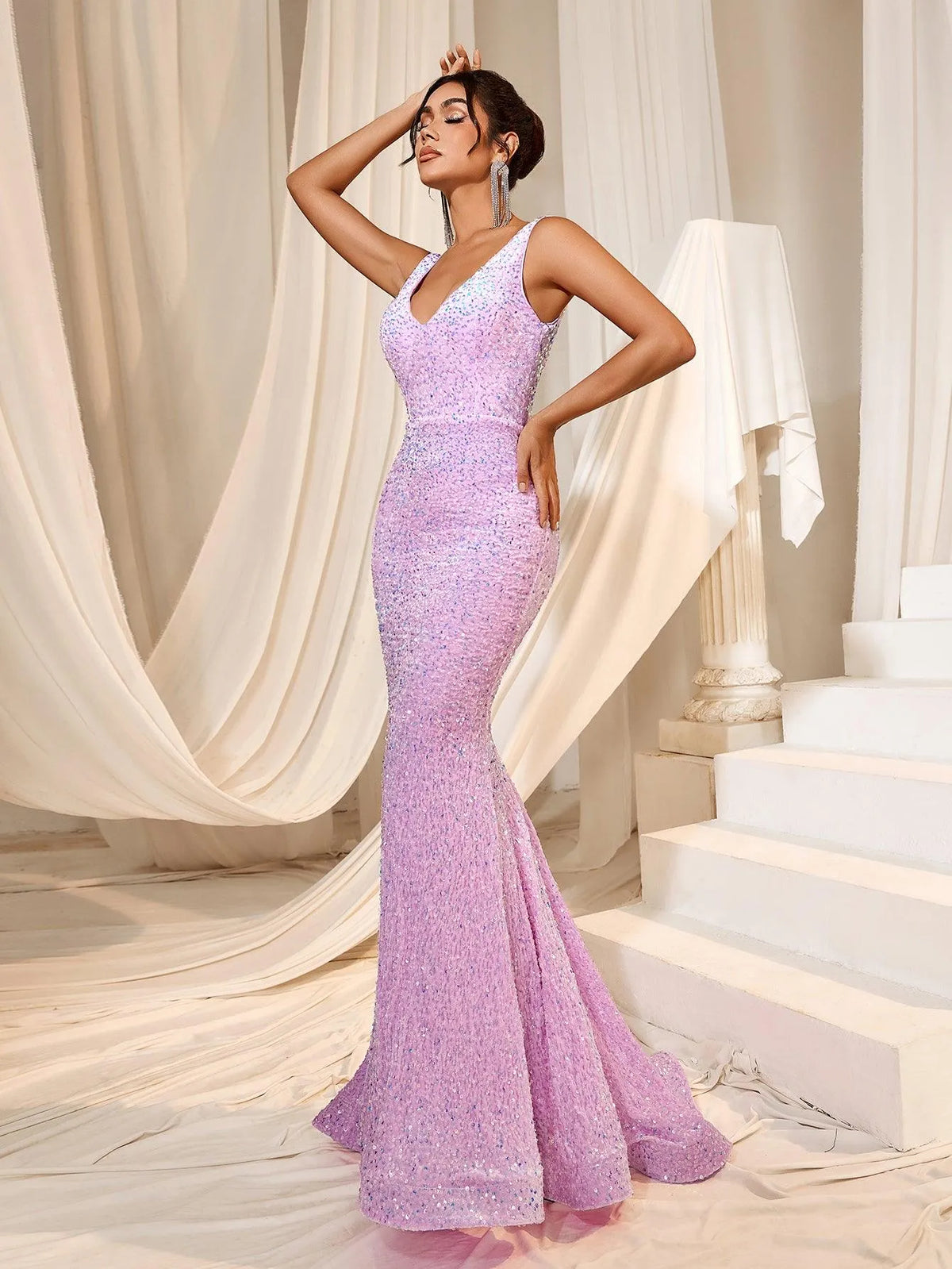 Plunging Neck Sleeveless Sequin Mermaid Dresses - Elonnashop