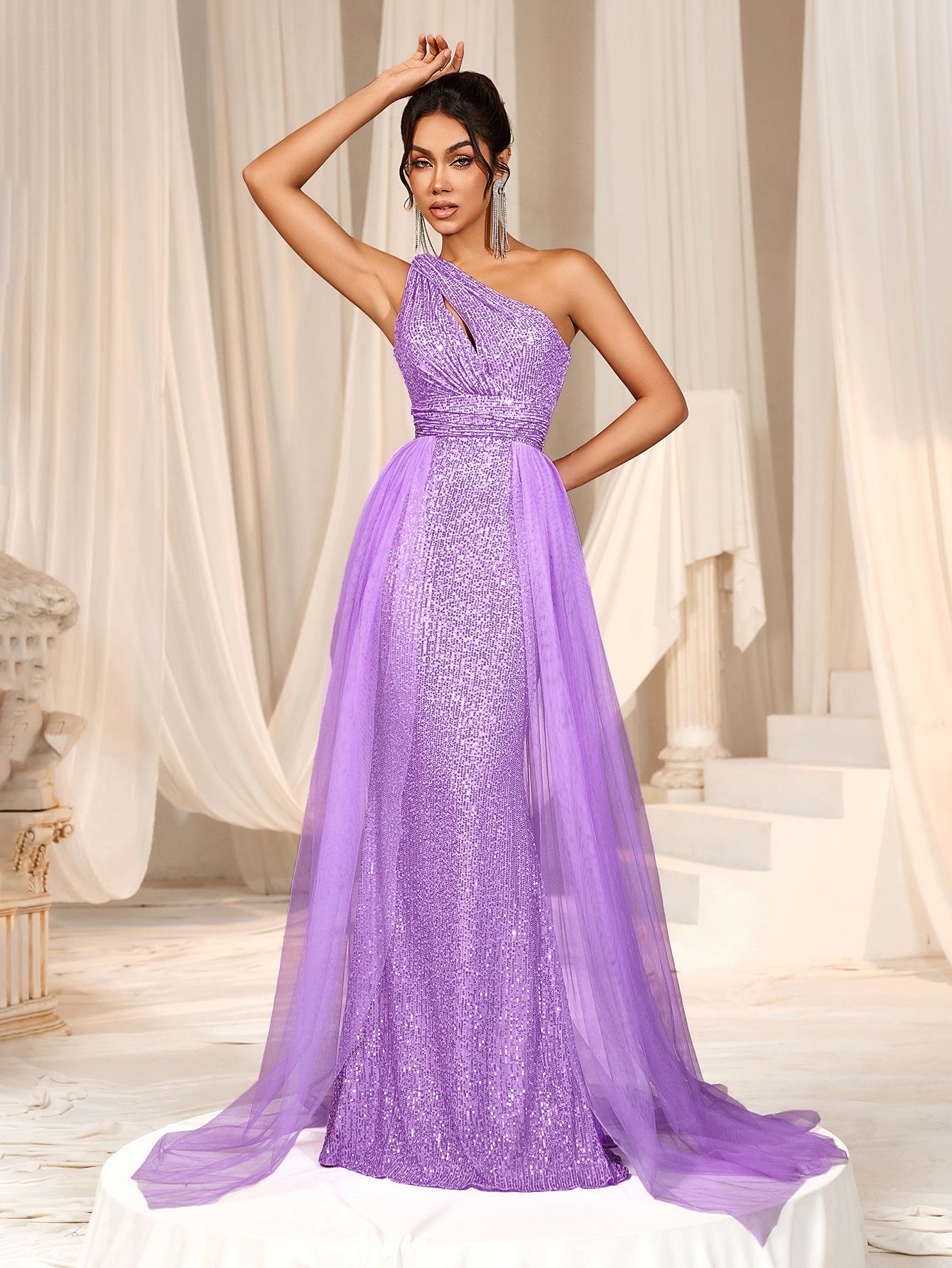 Elegant One Shoulder Sleeveless Mesh Overlay Sequin Formal Prom Dress