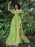 Elegant Ruffle Trim Puff Sleeves Split Ombre Organza Prom Dress