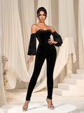 Off Shoulder Sequin Lantern Sleeves Velvet Tube Jumpsuit - Elonnashop