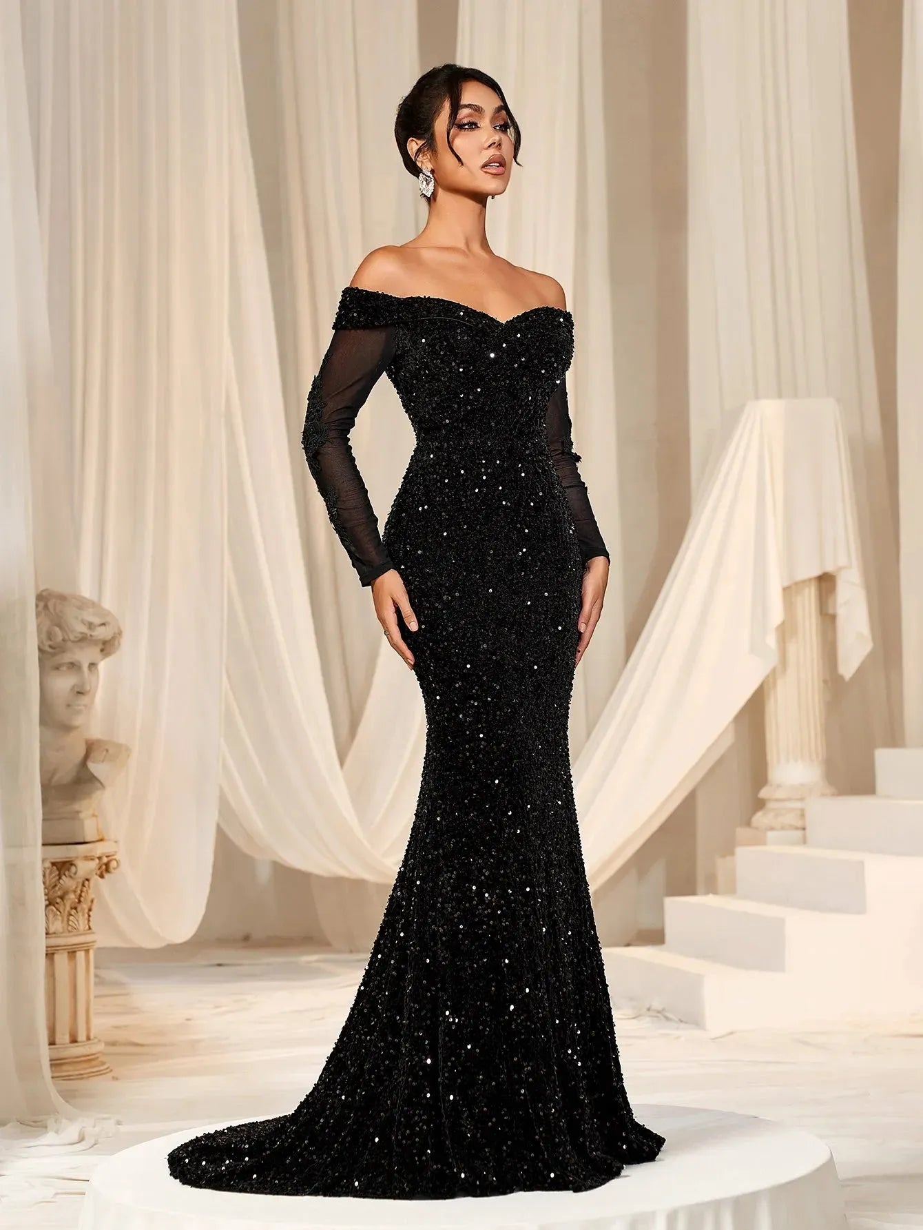 Gorgeous Off Shoulder Mermaid Hem Sequin Evening Dress